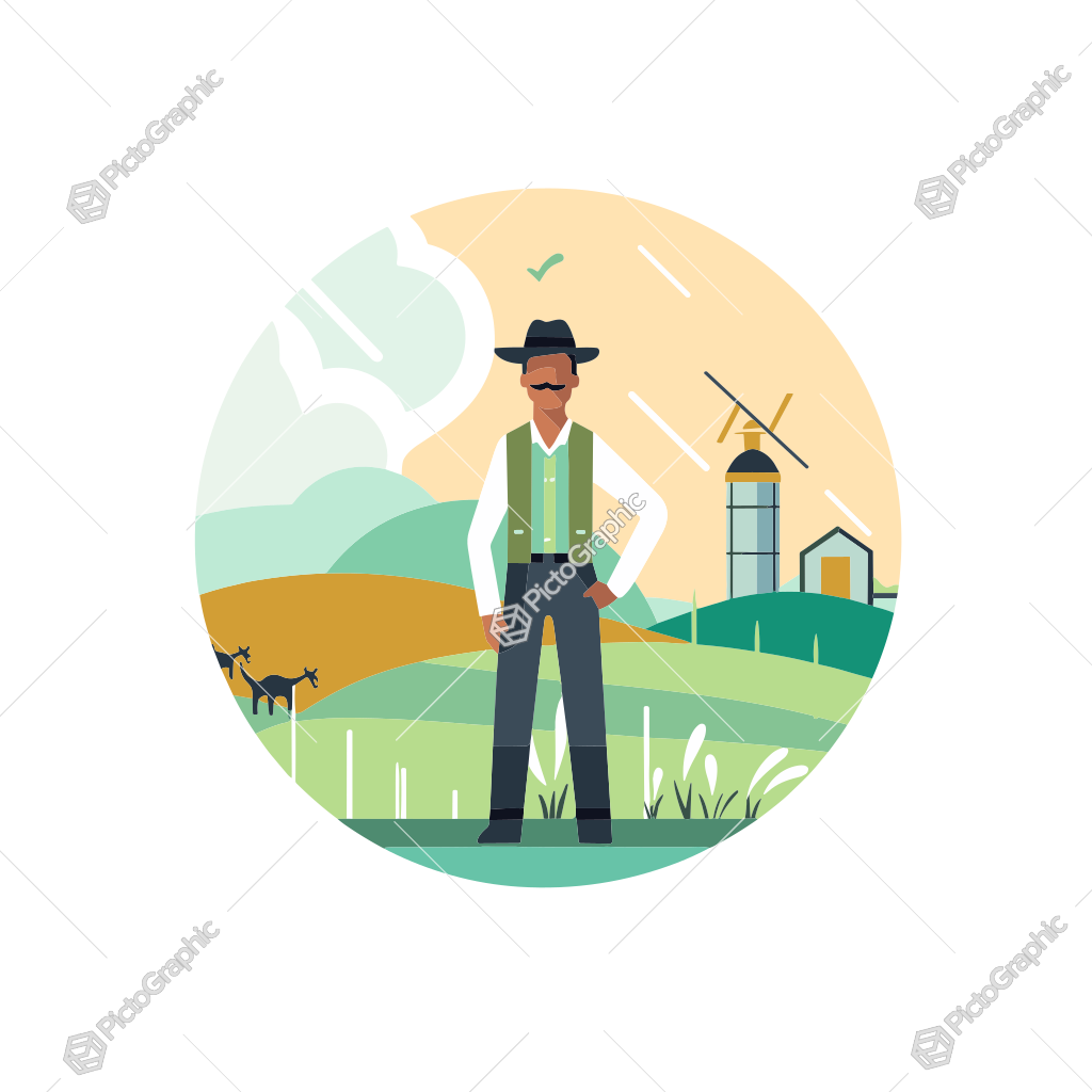 Illustration of a farmer in a field with a cow, windmill, and barn in the background.