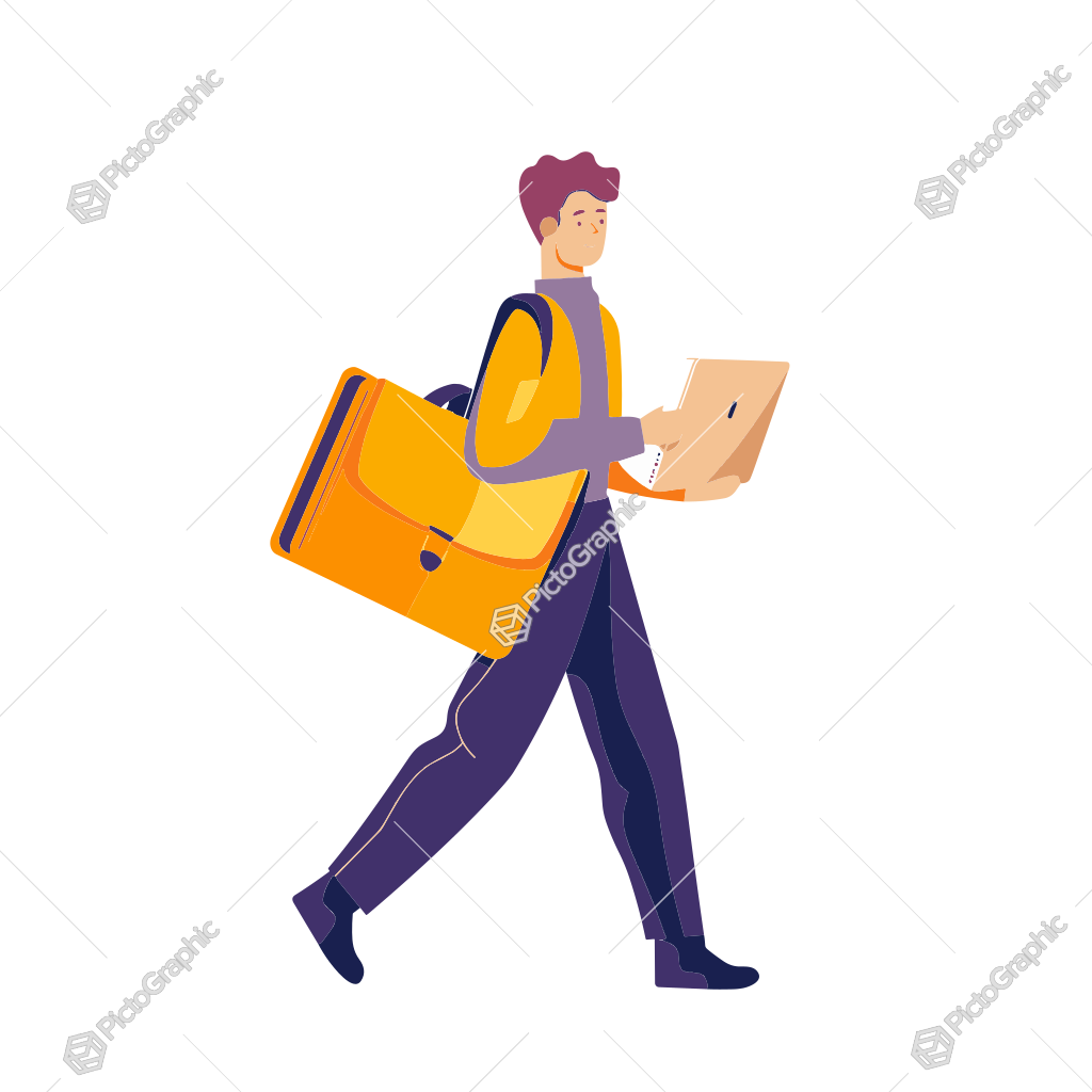 Illustration of a man walking with a briefcase and a laptop or folder.