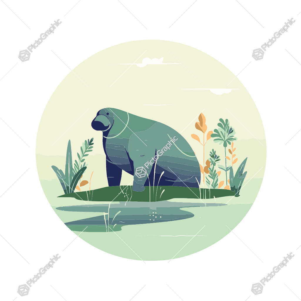 Illustration of a manatee in its natural habitat with surrounding vegetation.