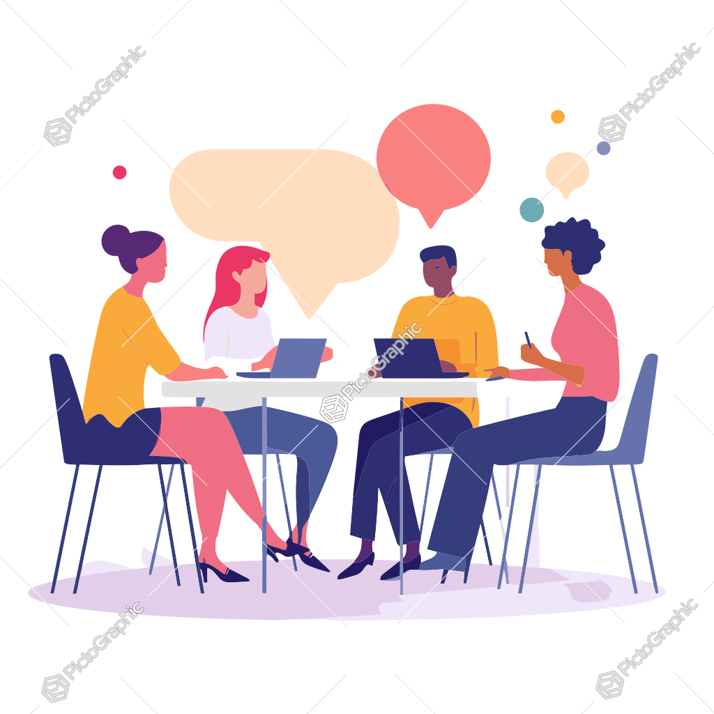 Four people having a conversation around a table with laptops.