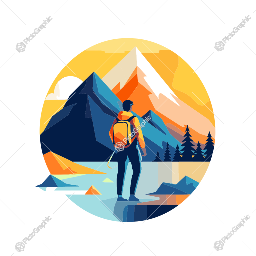 Illustrated person with a backpack standing by a lake in front of mountains