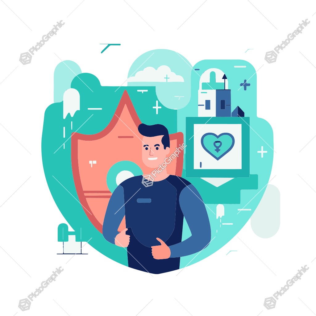 The image shows a man standing in front of a shield with a heart on it, surrounded by icons and clouds in the background. The shield is a symbol of security, and the man is likely using the shield to protect himself from any potential threats. The image shows a man standing in front of a shield with a heart on it, surrounded by icons and clouds in the background. The shield is a symbol of security, and the man is likely using the shield to protect himself from any potential threats.