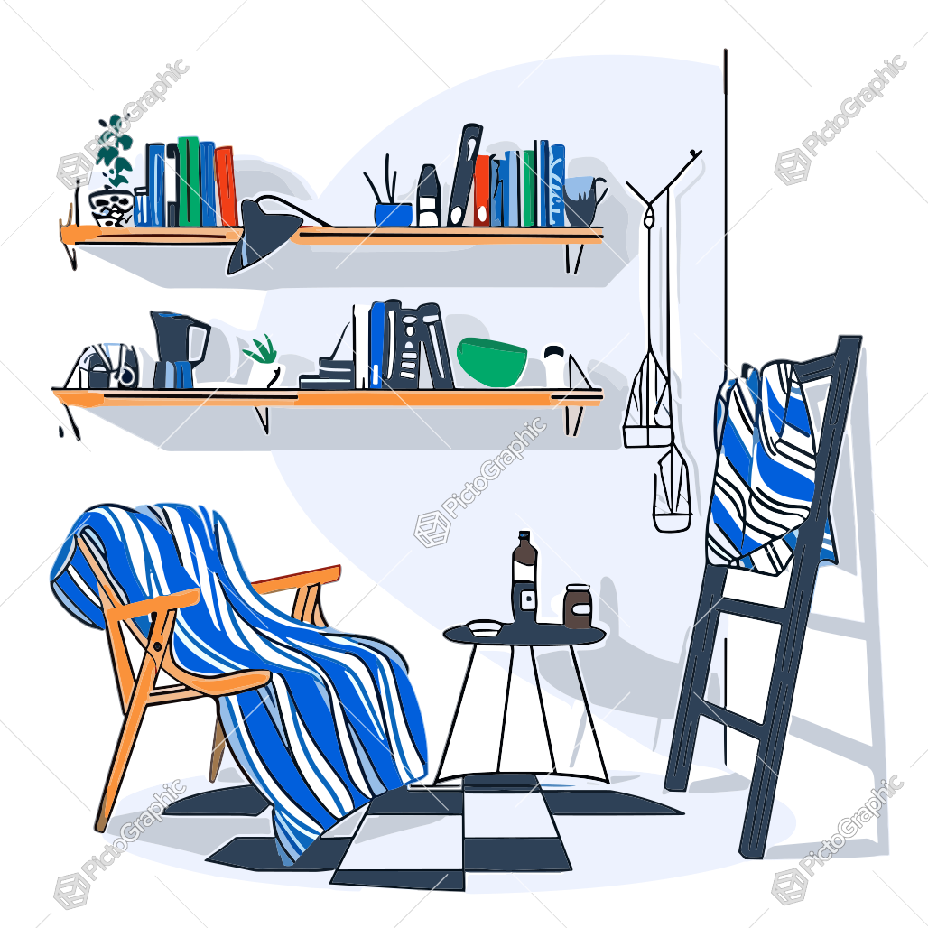 Illustration of a furnished room with shelves, chair, ladder, table, and coat stand.