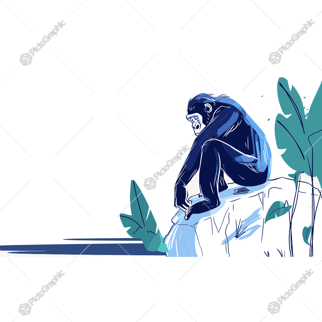 Illustration of a contemplative chimpanzee with minimal foliage in the background.