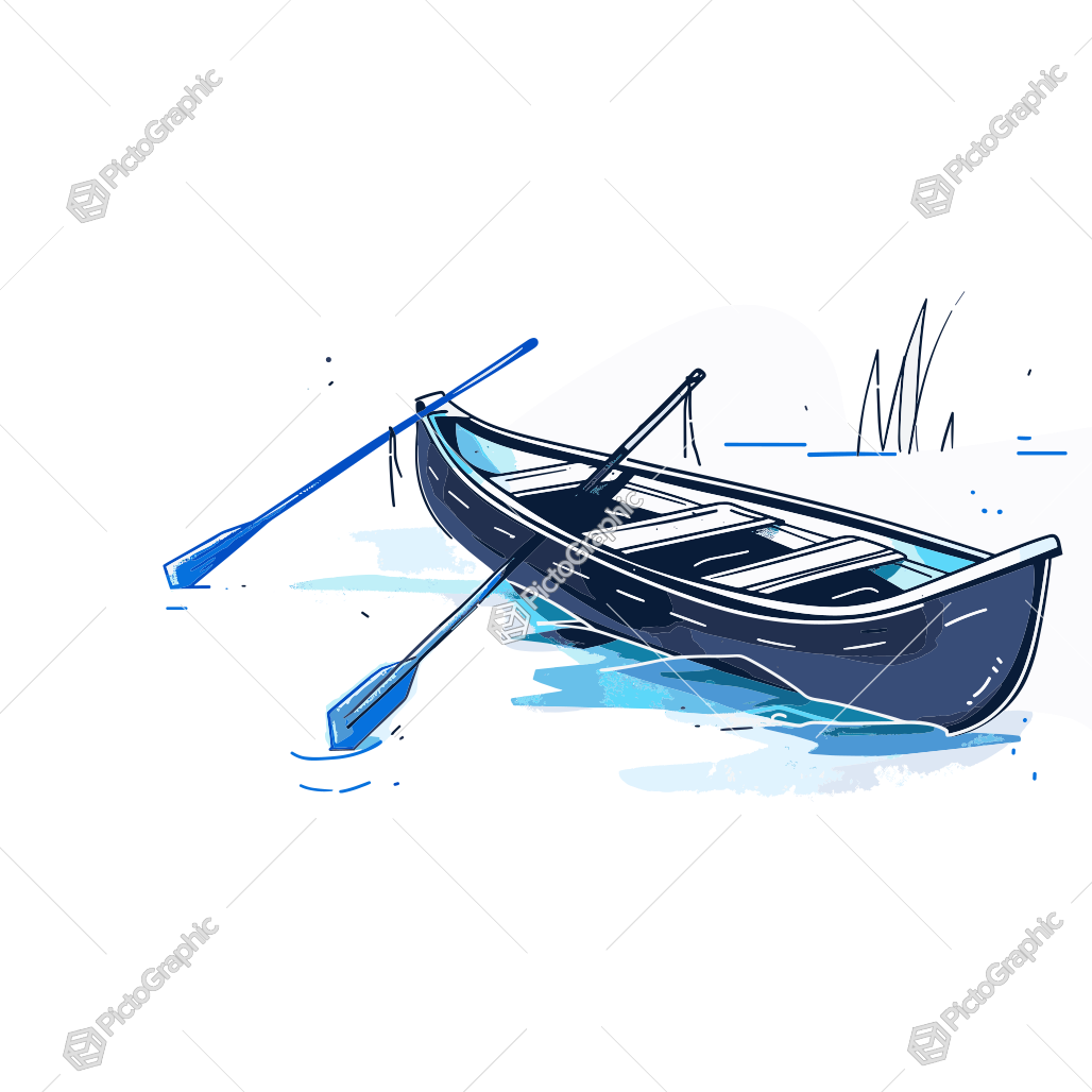Illustration of a canoe with oars on water.