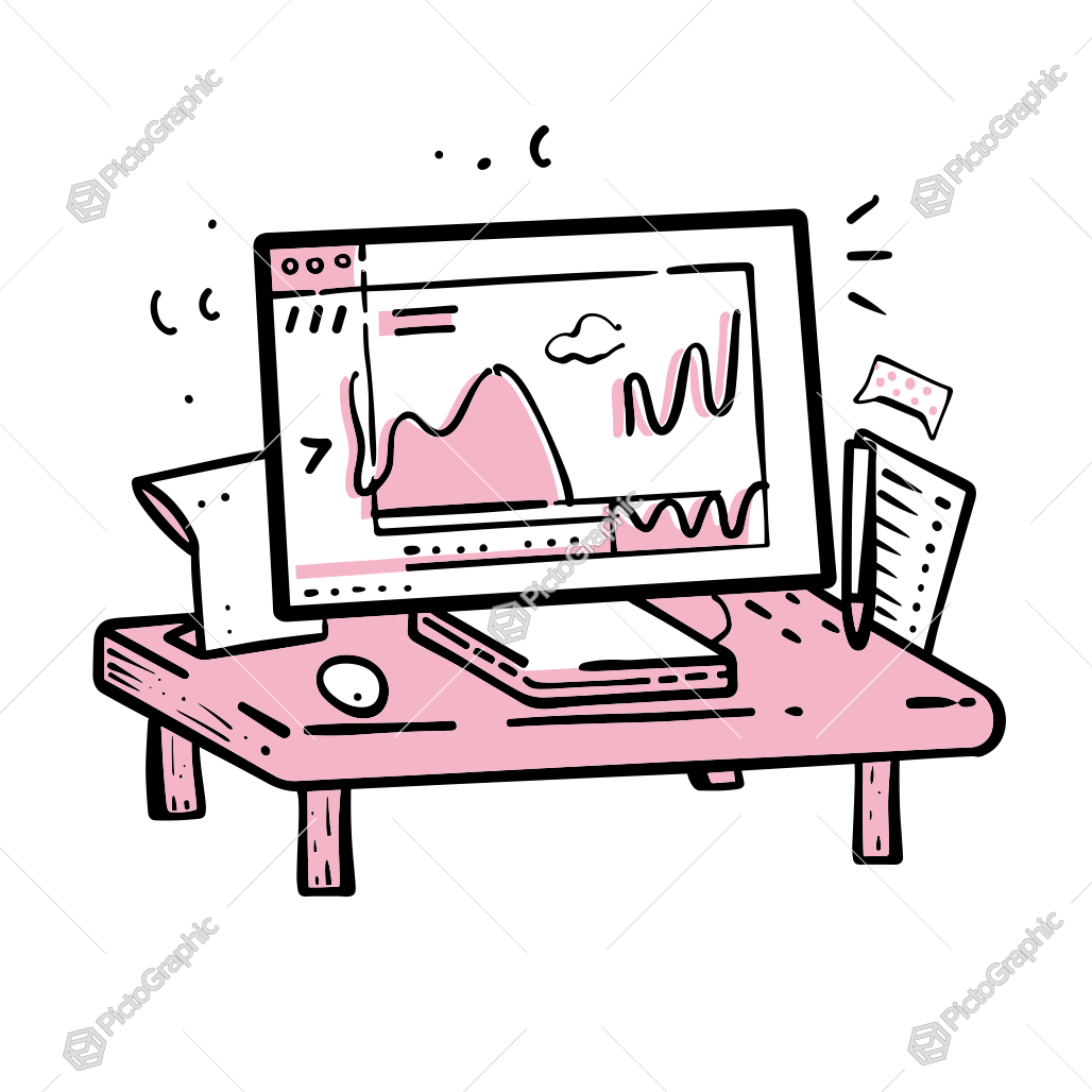 An illustrated computer workspace with a graph on the monitor, a keyboard, and some notes. An illustrated computer workspace with a graph on the monitor, a keyboard, and some notes.