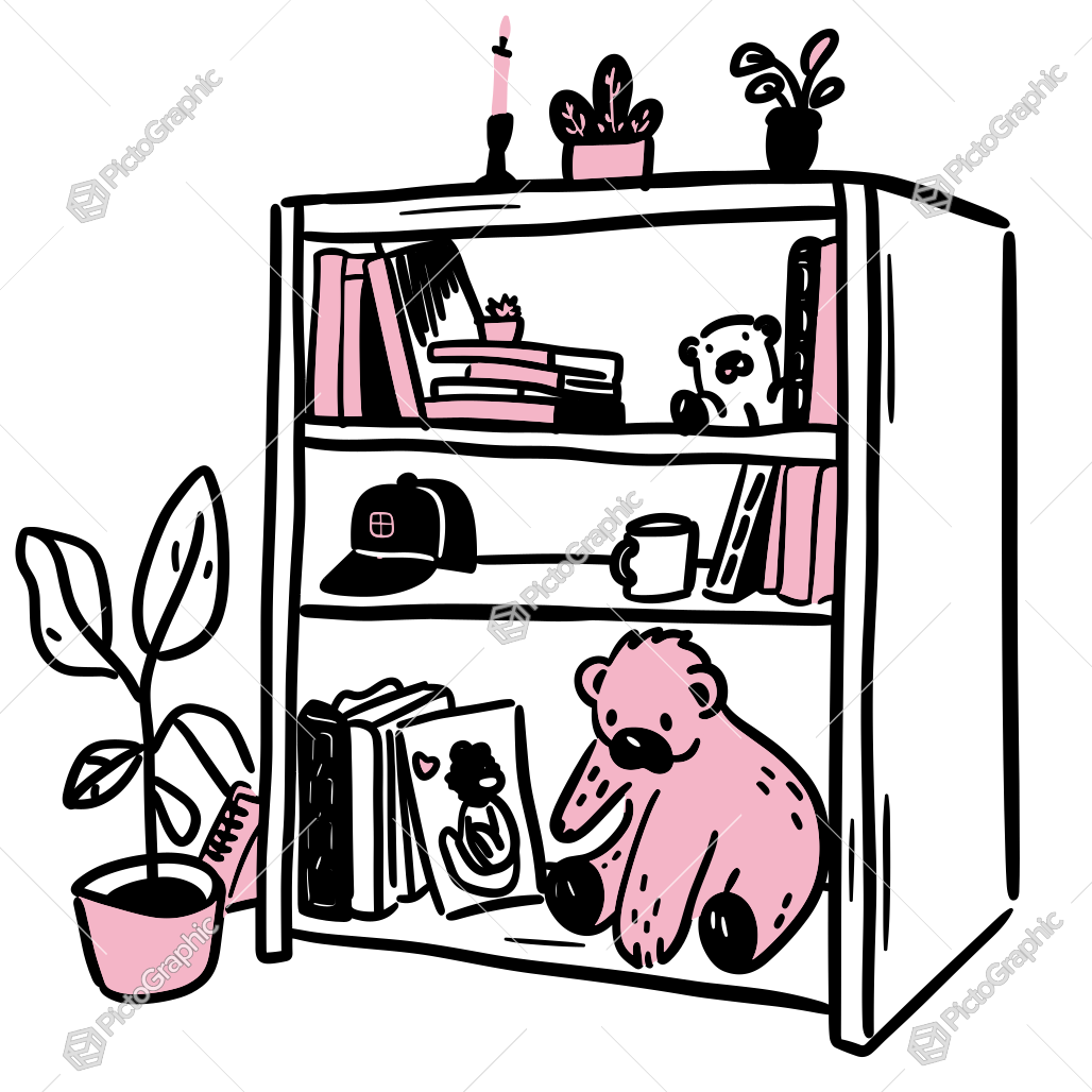Cartoon illustration of a bookshelf with books, plants, and various decorative items, including toys and a framed picture.