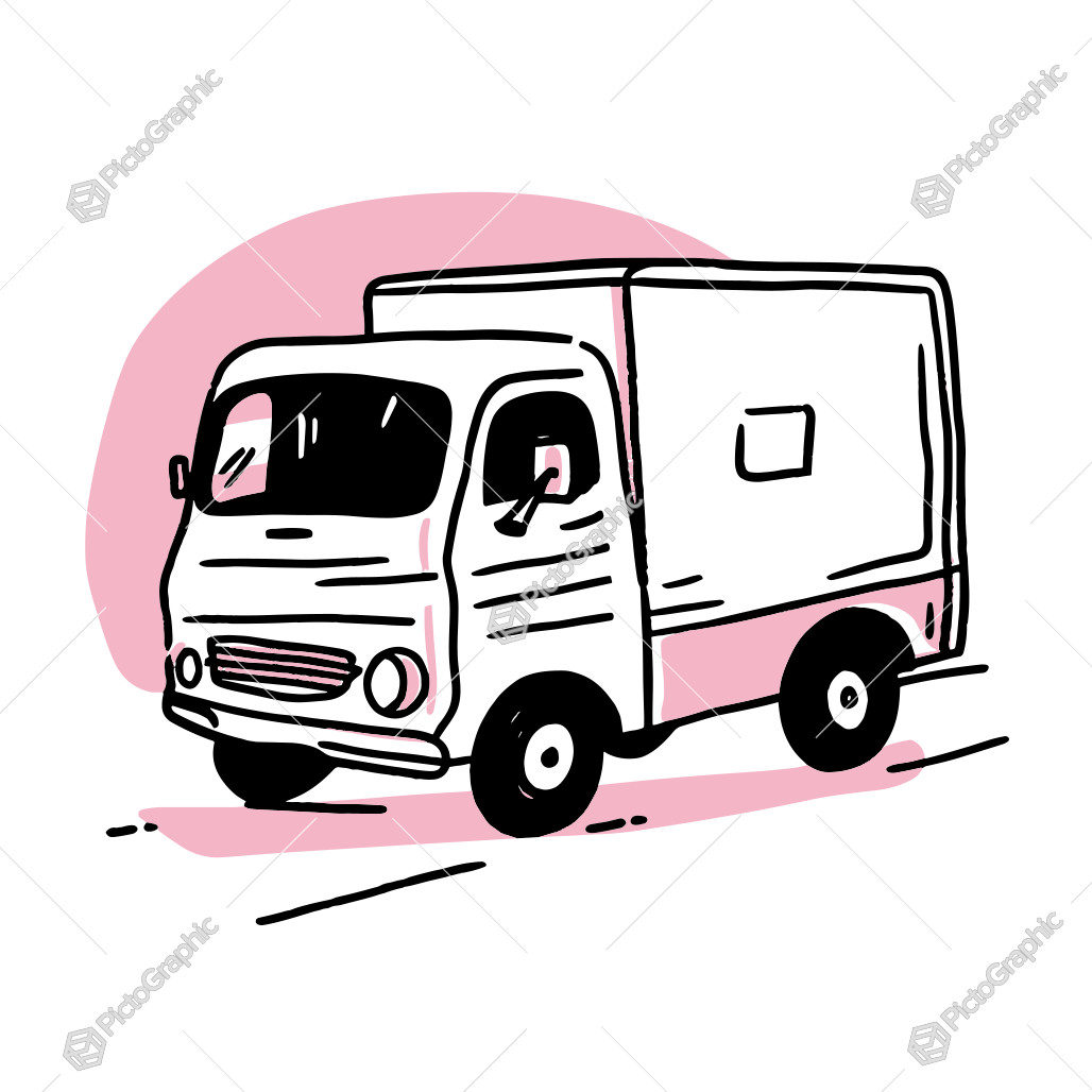 The image shows a white and pink delivery truck on a pink background. The truck is drawn in a cartoon-like style, with a white body and pink accents. The background is a bright white, providing a stark contrast to the vibrant colors of the truck. The image shows a white and pink delivery truck on a pink background. The truck is drawn in a cartoon-like style, with a white body and pink accents. The background is a bright white, providing a stark contrast to the vibrant colors of the truck.