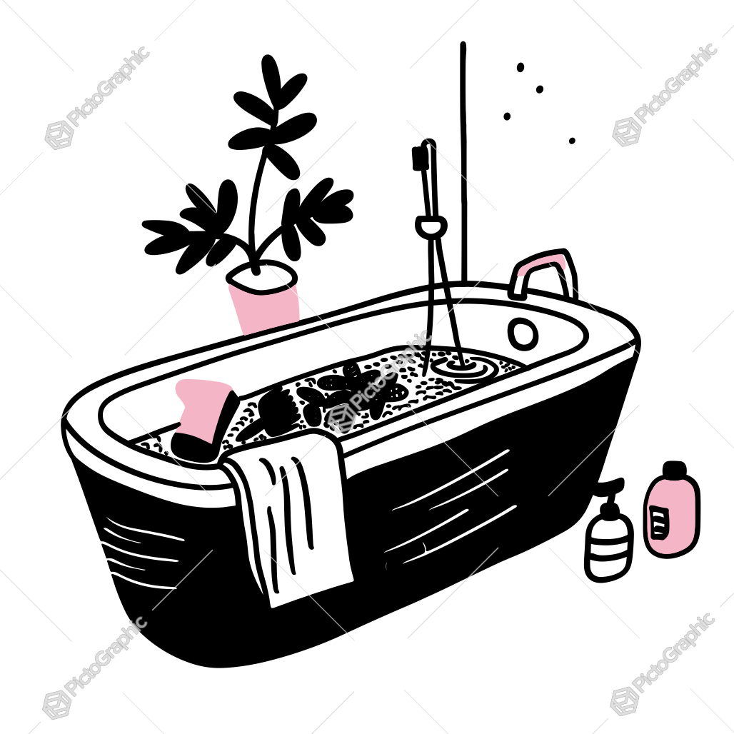 Illustration of a bathtub with bath items and a plant.