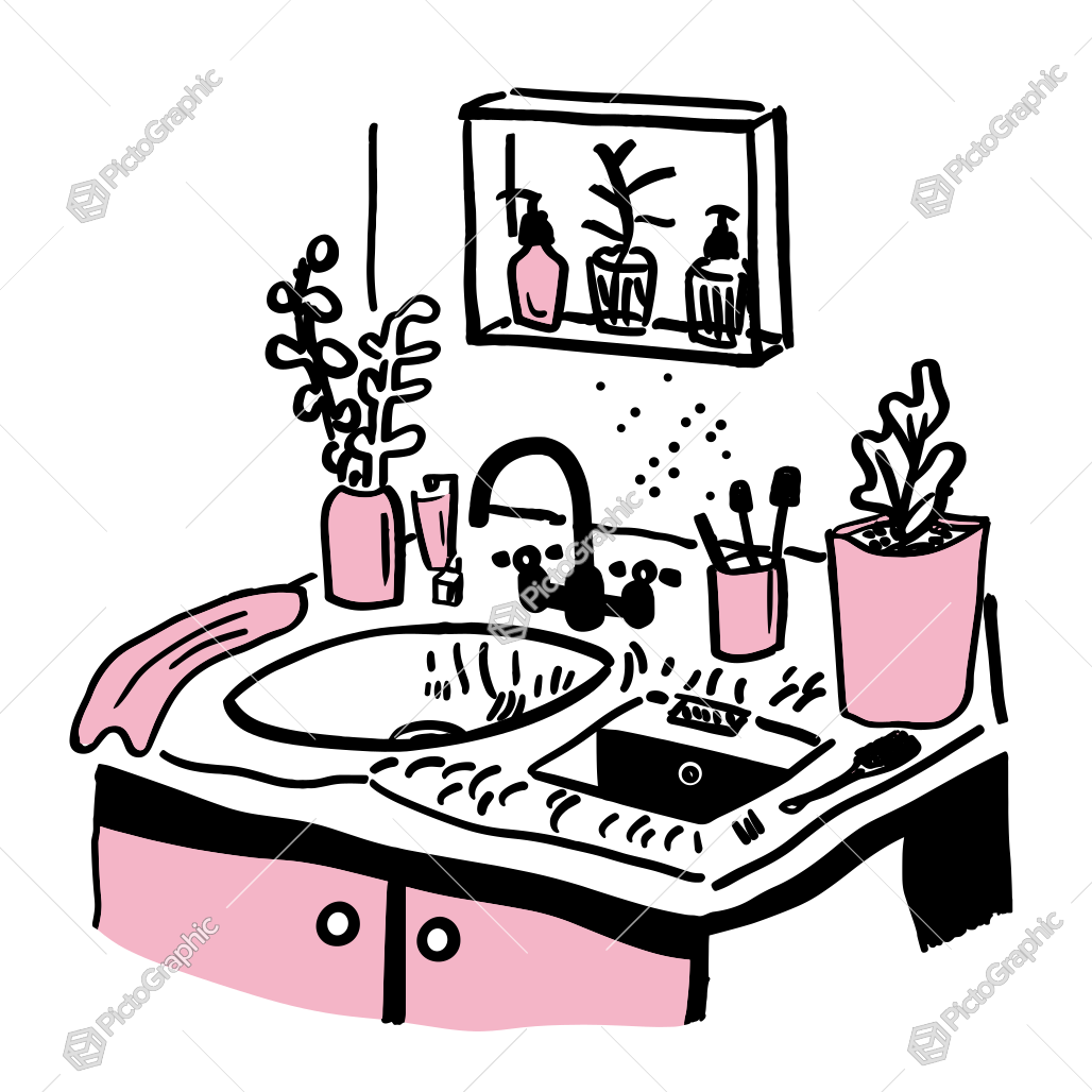 Illustration of a bathroom sink area with a mirror, potted plants, and toothbrushes.