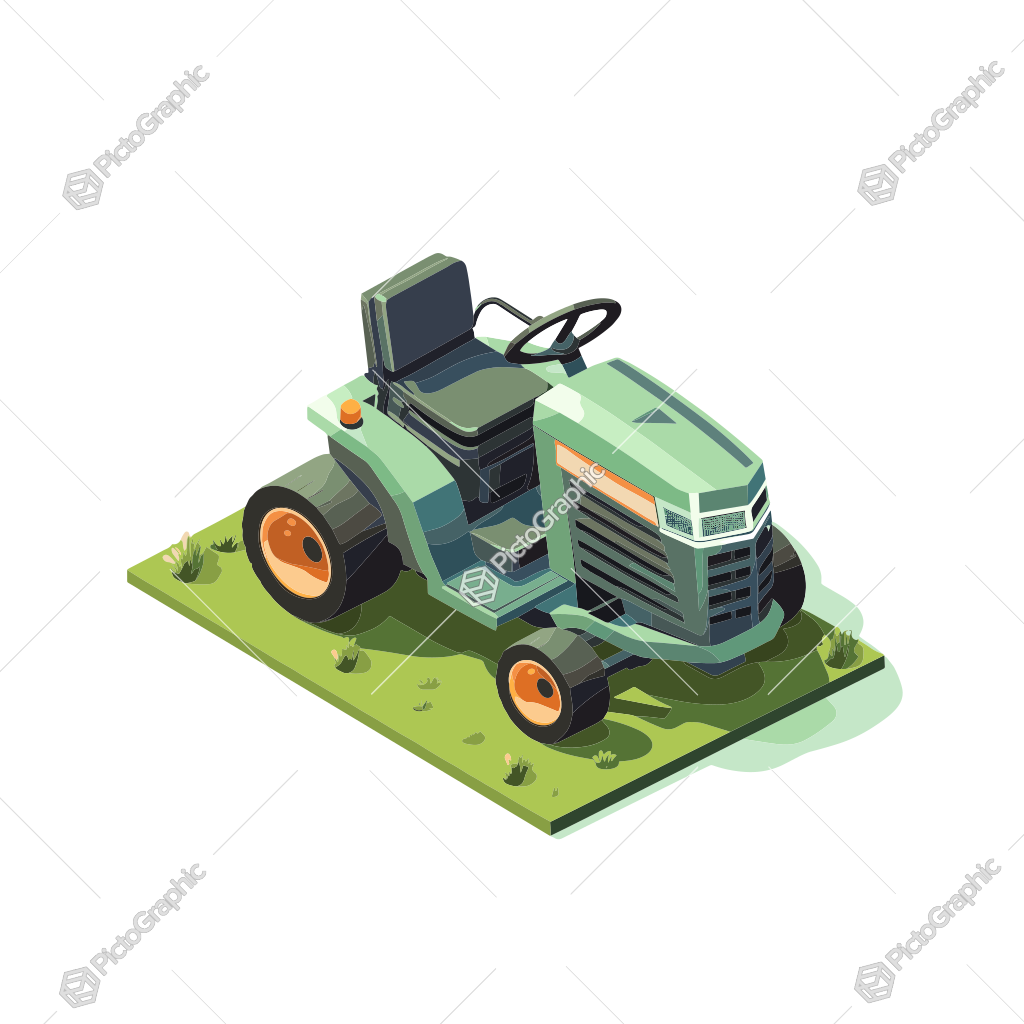 Illustration of a lawn tractor on a grass patch.