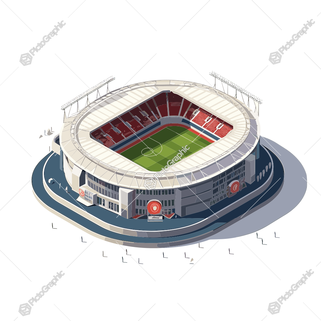 Illustration of a modern, multi-tiered stadium with red seats and a green playing field.