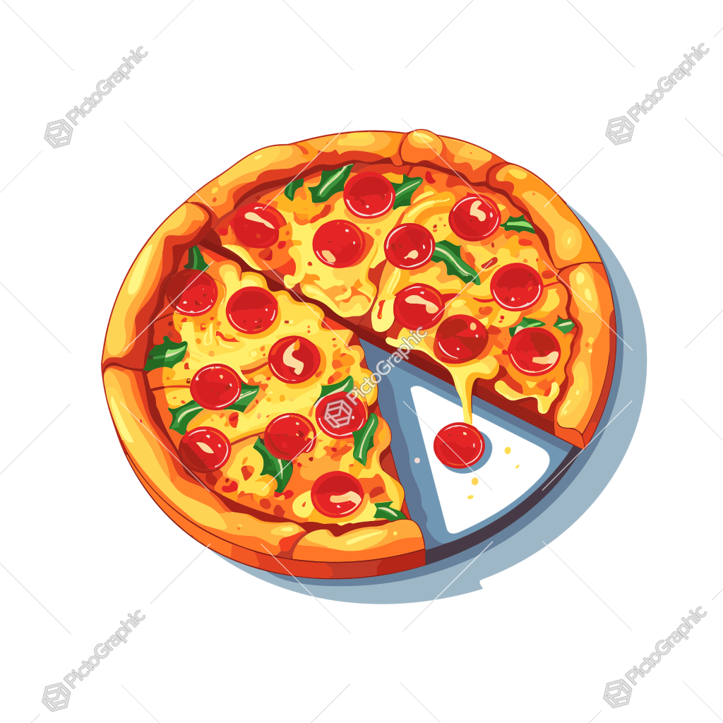 Illustrated pepperoni pizza with one slice separated.