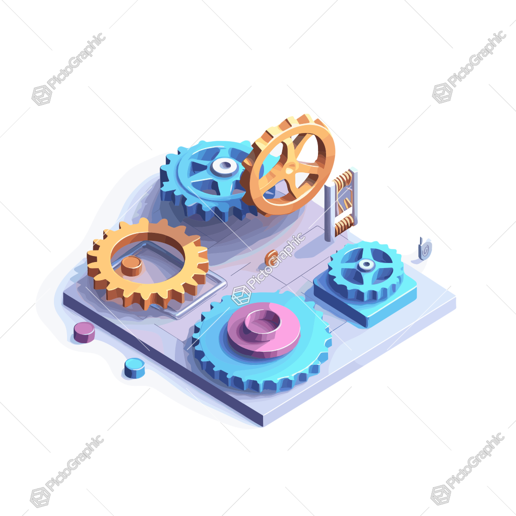 D illustration of colorful gears on a platform