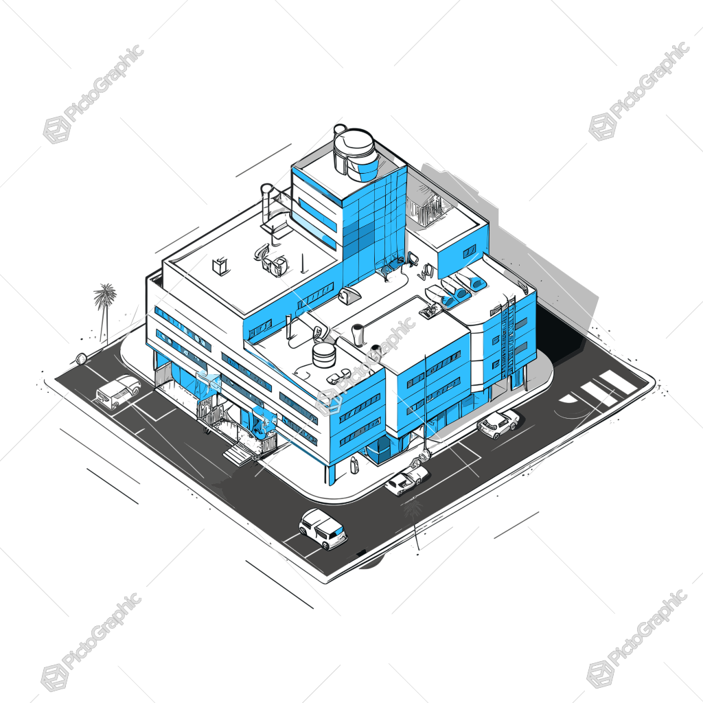 Illustration of a modern commercial building with parking.