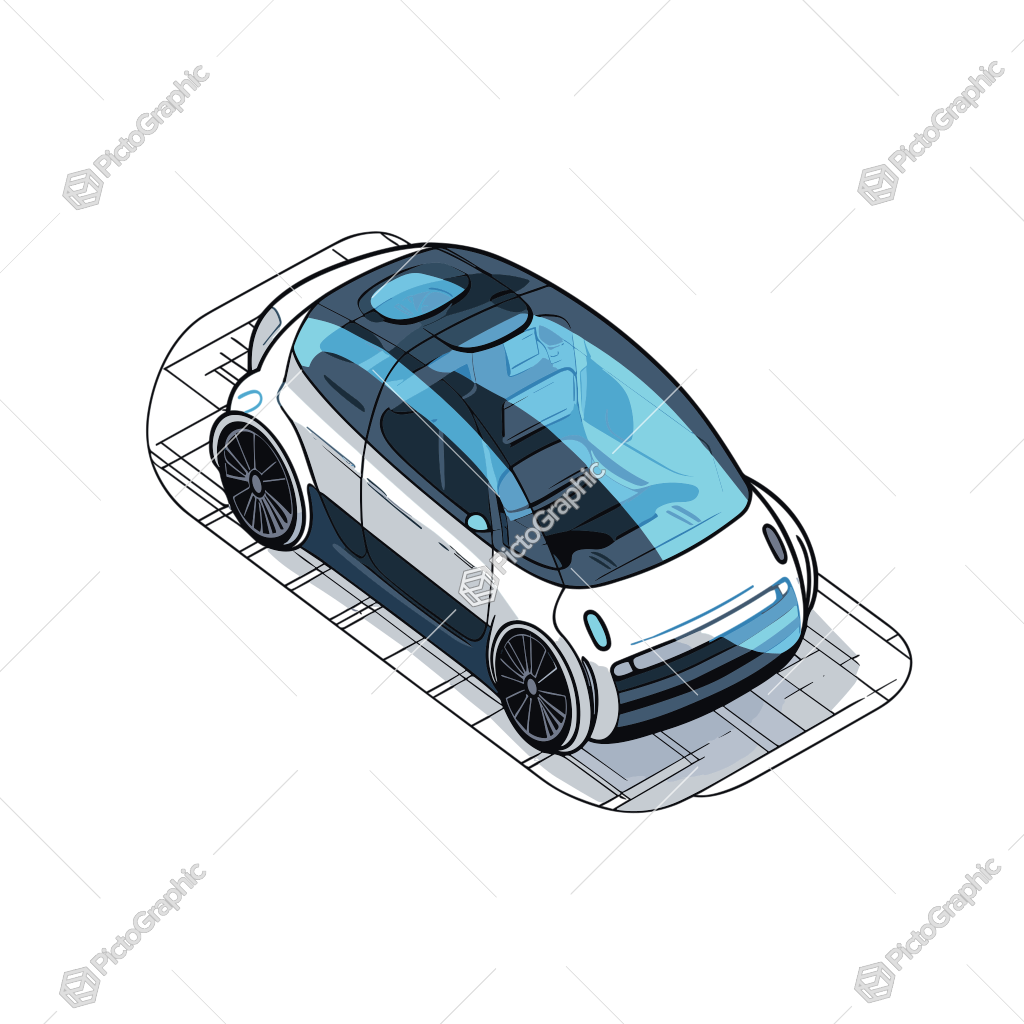 Illustration of a modern, compact, blue and white car.