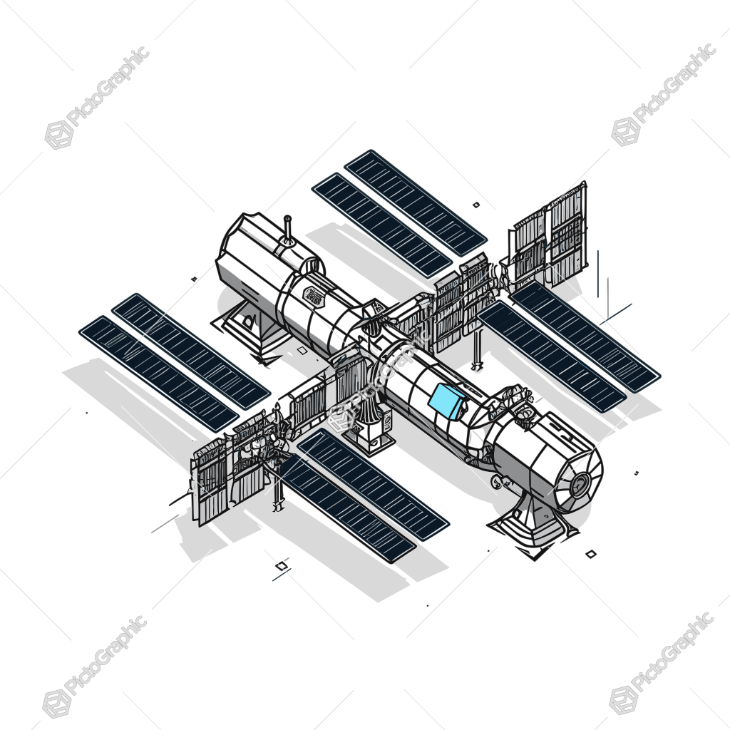 The image shows a detailed drawing of the International Space Station, with its various components and features clearly visible. It is a large, cylindrical structure with a variety of windows and doors, as well as a control panel on the side. The station is surrounded by a vast expanse of space, with a bright blue sky and white clouds in the background. The image shows a detailed drawing of the International Space Station, with its various components and features clearly visible. It is a large, cylindrical structure with a variety of windows and doors, as well as a control panel on the side. The station is surrounded by a vast expanse of space, with a bright blue sky and white clouds in the background.