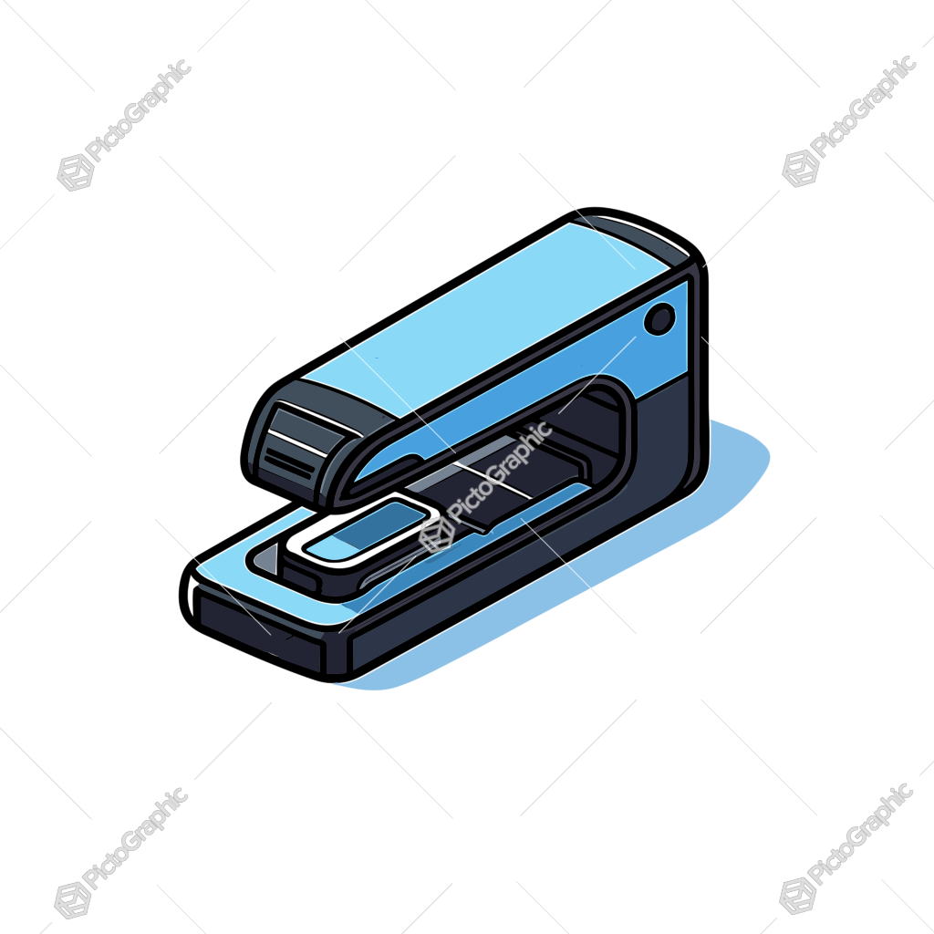 A cartoon illustration of a blue stapler.