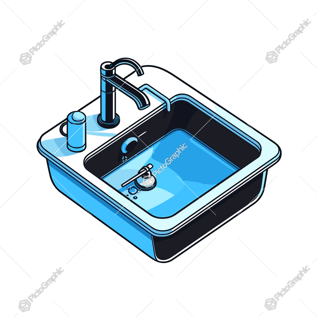 Illustration of a modern kitchen sink with water, faucet, and soap dispenser.