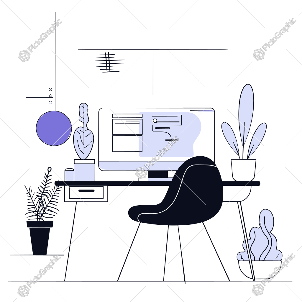 Home office setup with a desk, computer, chair, and plants.