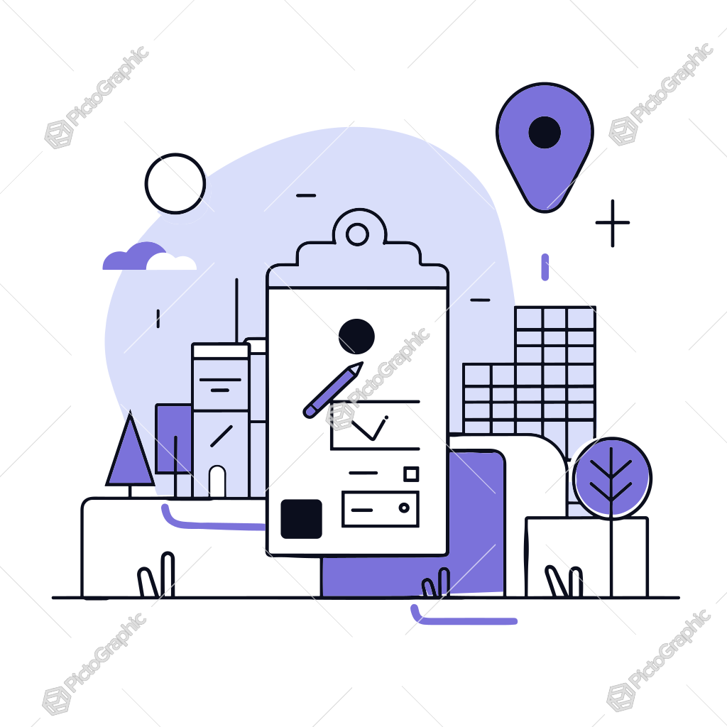 Illustration of a clipboard with a checklist in an abstract cityscape with a location marker.
