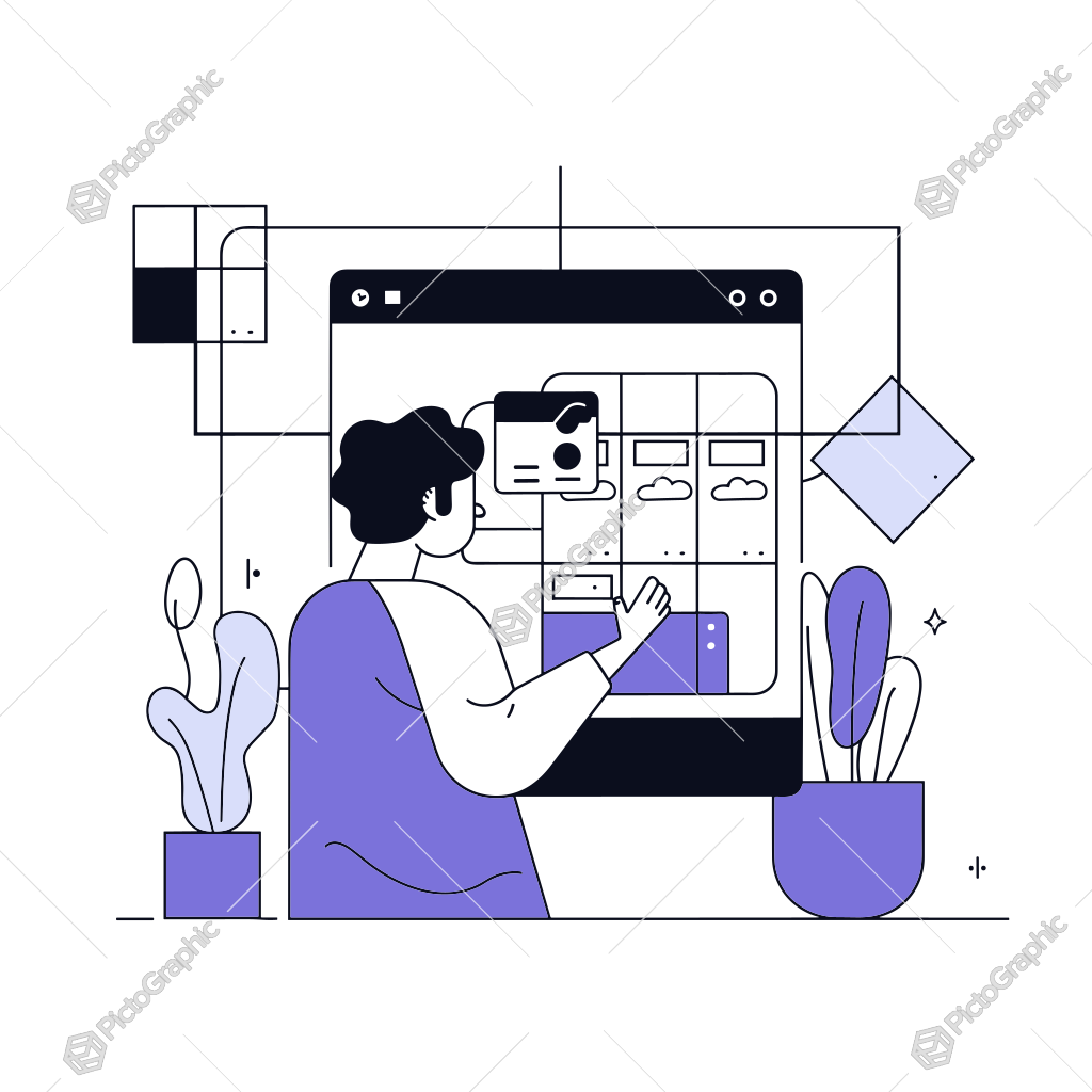 Illustration of a person engaged in user interface design work at a workstation with decorative elements.