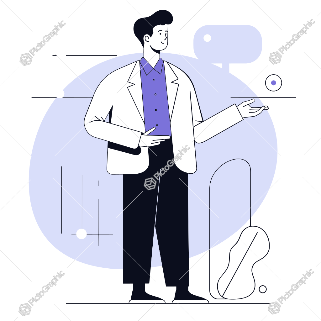 Illustration of a man in a lab coat presenting or explaining a concept, with abstract geometric background elements. Illustration of a man in a lab coat presenting or explaining a concept, with abstract geometric background elements.