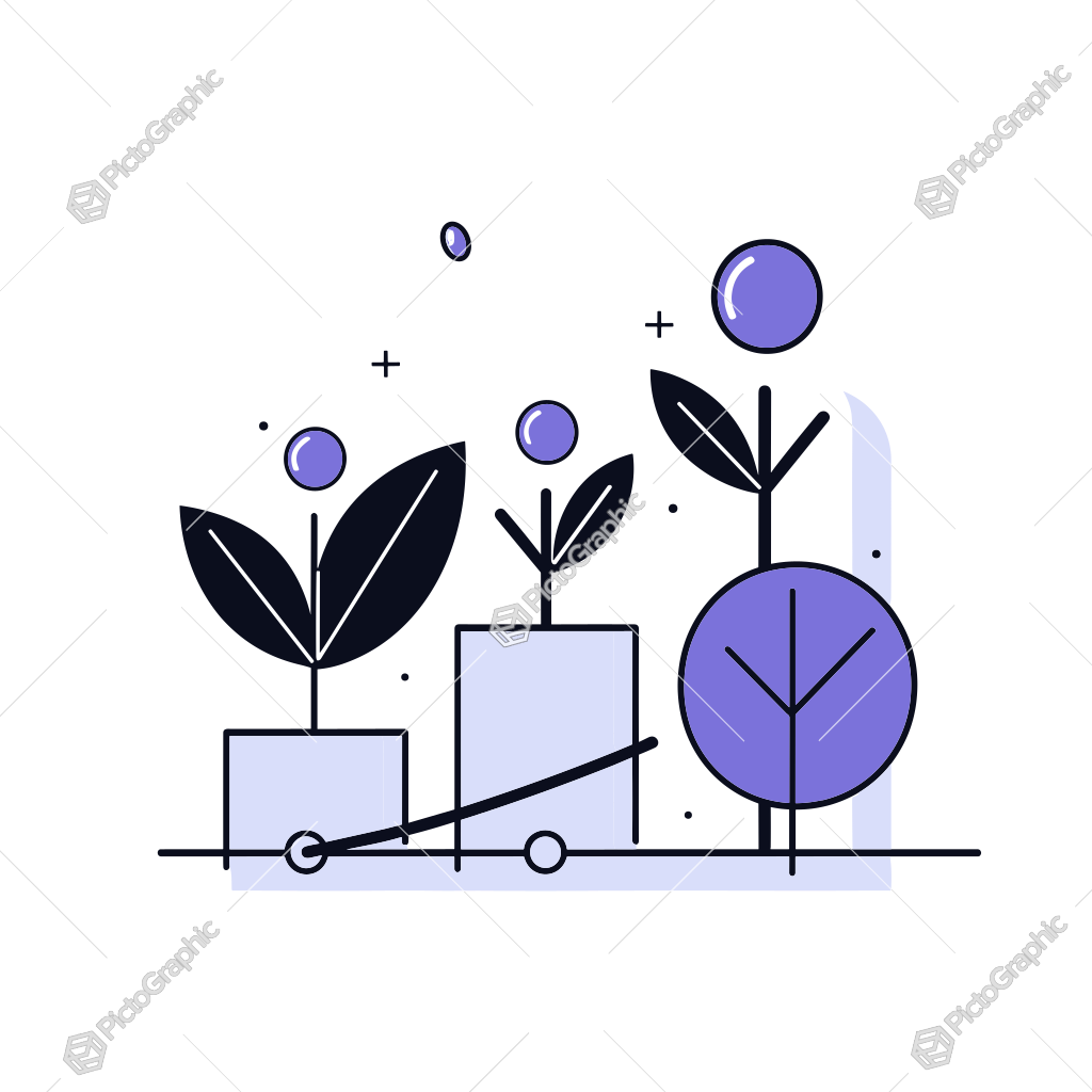 A stylized illustration of three blue potted plants in varying sizes. A stylized illustration of three blue potted plants in varying sizes.