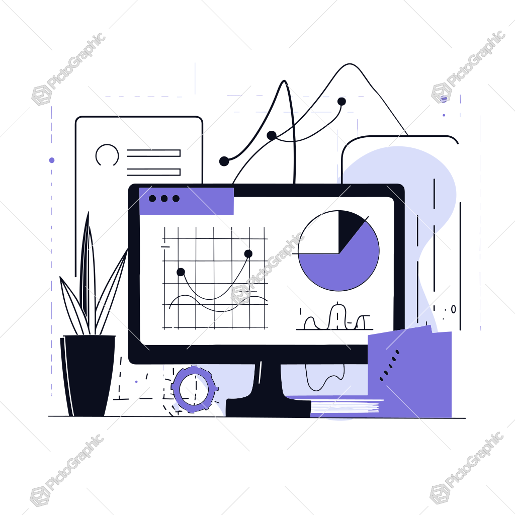 A stylized illustration of a computer workspace with data analytics on screen, decorated with a plant and clock. A stylized illustration of a computer workspace with data analytics on screen, decorated with a plant and clock.
