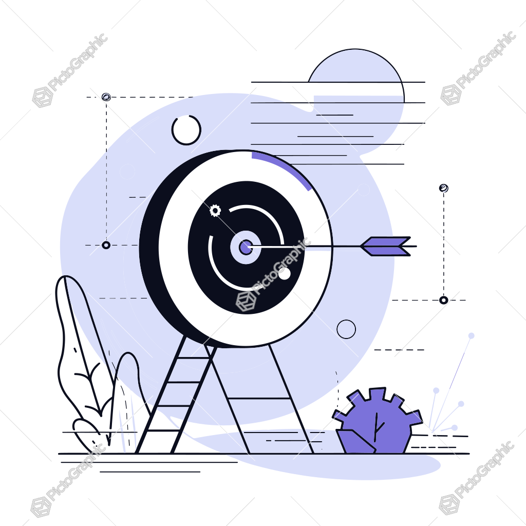 A target with an arrow in the center, accompanied by a gear and a plant-like figure, in a simple, graphic style. A target with an arrow in the center, accompanied by a gear and a plant-like figure, in a simple, graphic style.