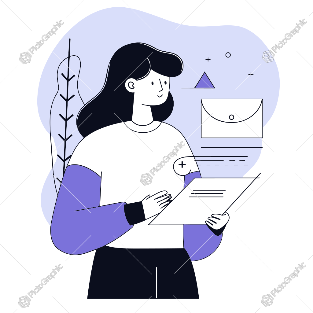 Illustration of a person reading a document with abstract shapes in the background.