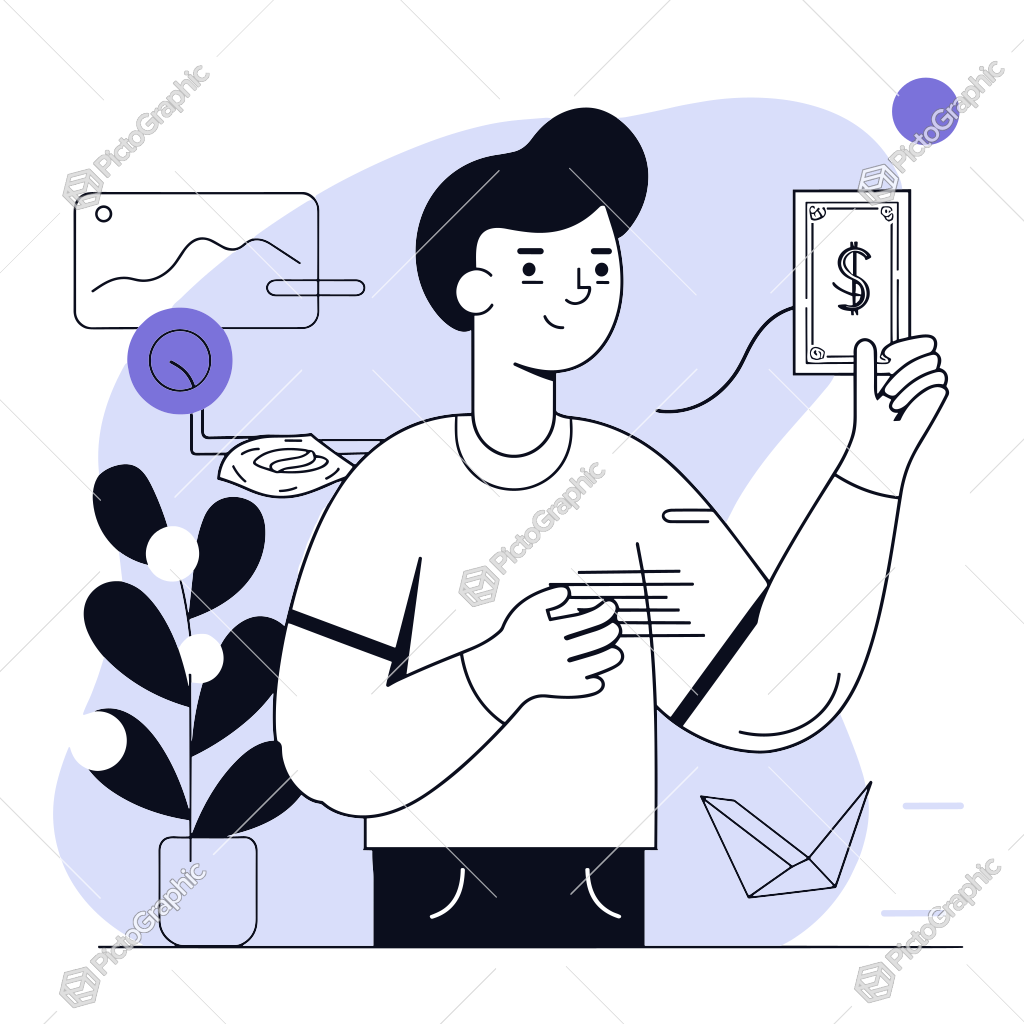 Illustration of a man holding money with financial icons.