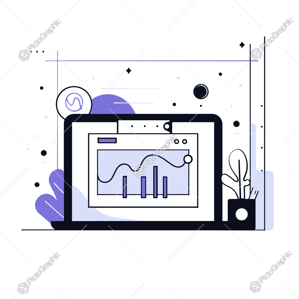 It's a vector illustration depicting a data analytics interface on a laptop screen with some abstract decorative elements. It's a vector illustration depicting a data analytics interface on a laptop screen with some abstract decorative elements.