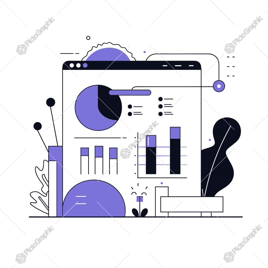 A stylized illustration of a data dashboard with pie chart and bar graph elements, and decorative abstract shapes. A stylized illustration of a data dashboard with pie chart and bar graph elements, and decorative abstract shapes.