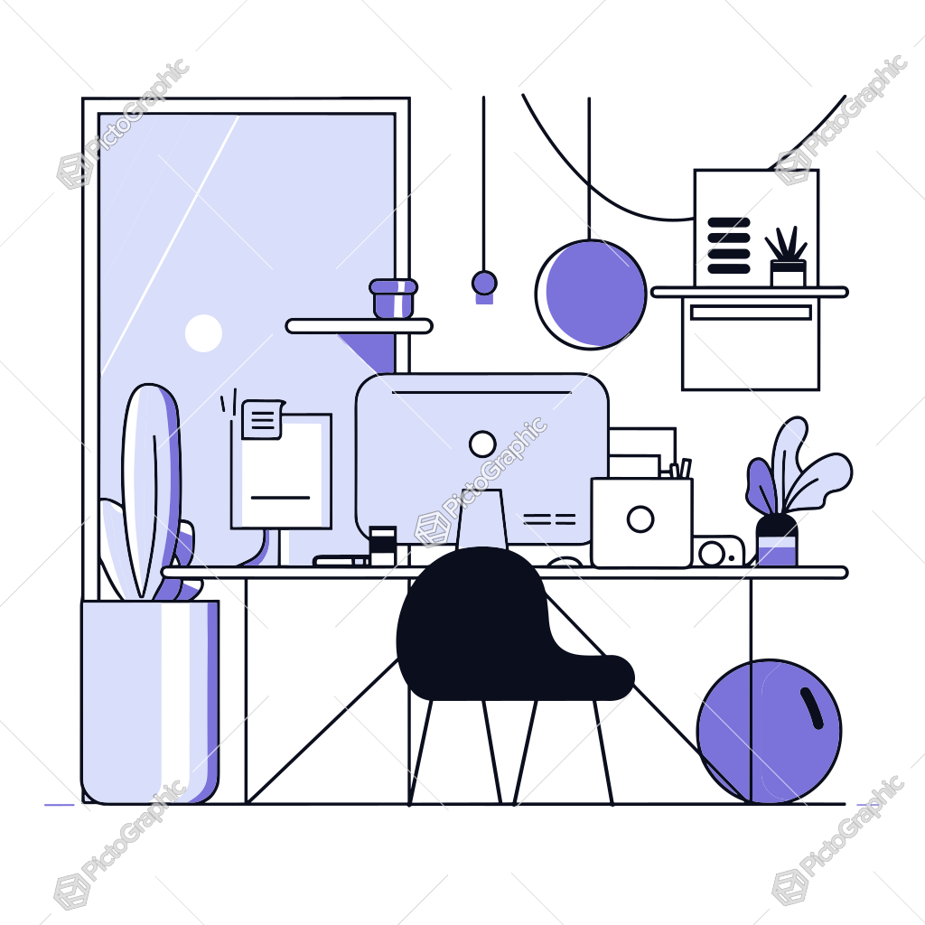 Illustration of a home office with a computer setup and various decorative items.