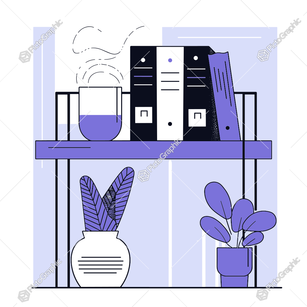 Illustration of a bookshelf with books, a cup, and potted plants