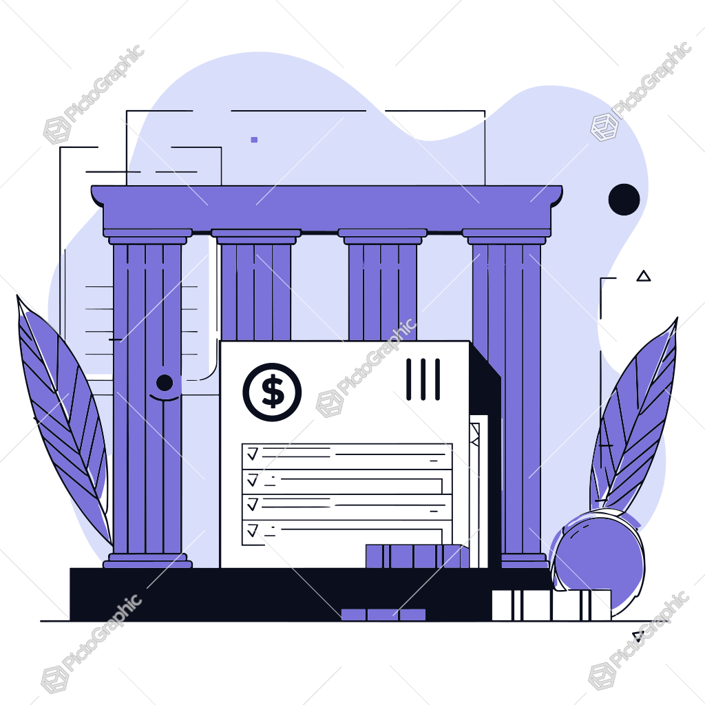 Illustration of a bank or financial institution with an oversized check.