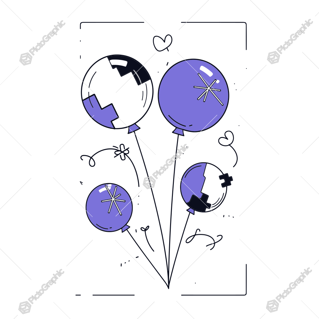 Graphic illustration of three balloons, with two designed as puzzle-like globes and one with a star pattern, all in a purple and white color scheme.
