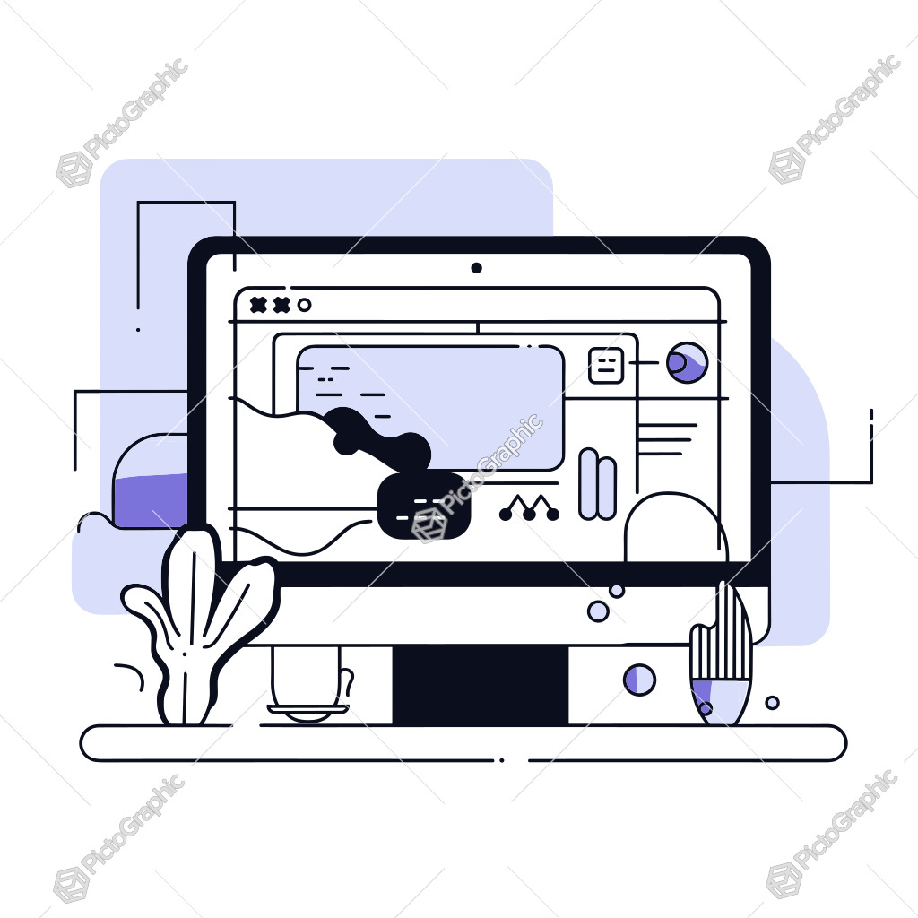 Illustration of a computer monitor with a stylized webpage design and simple workplace elements. Illustration of a computer monitor with a stylized webpage design and simple workplace elements.