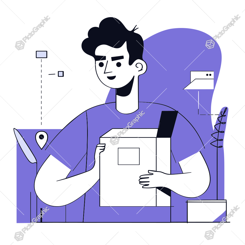 A stylized illustration of a man holding a box, possibly a delivery or moving scenario, with a navigation icon implying travel or location. A stylized illustration of a man holding a box, possibly a delivery or moving scenario, with a navigation icon implying travel or location.