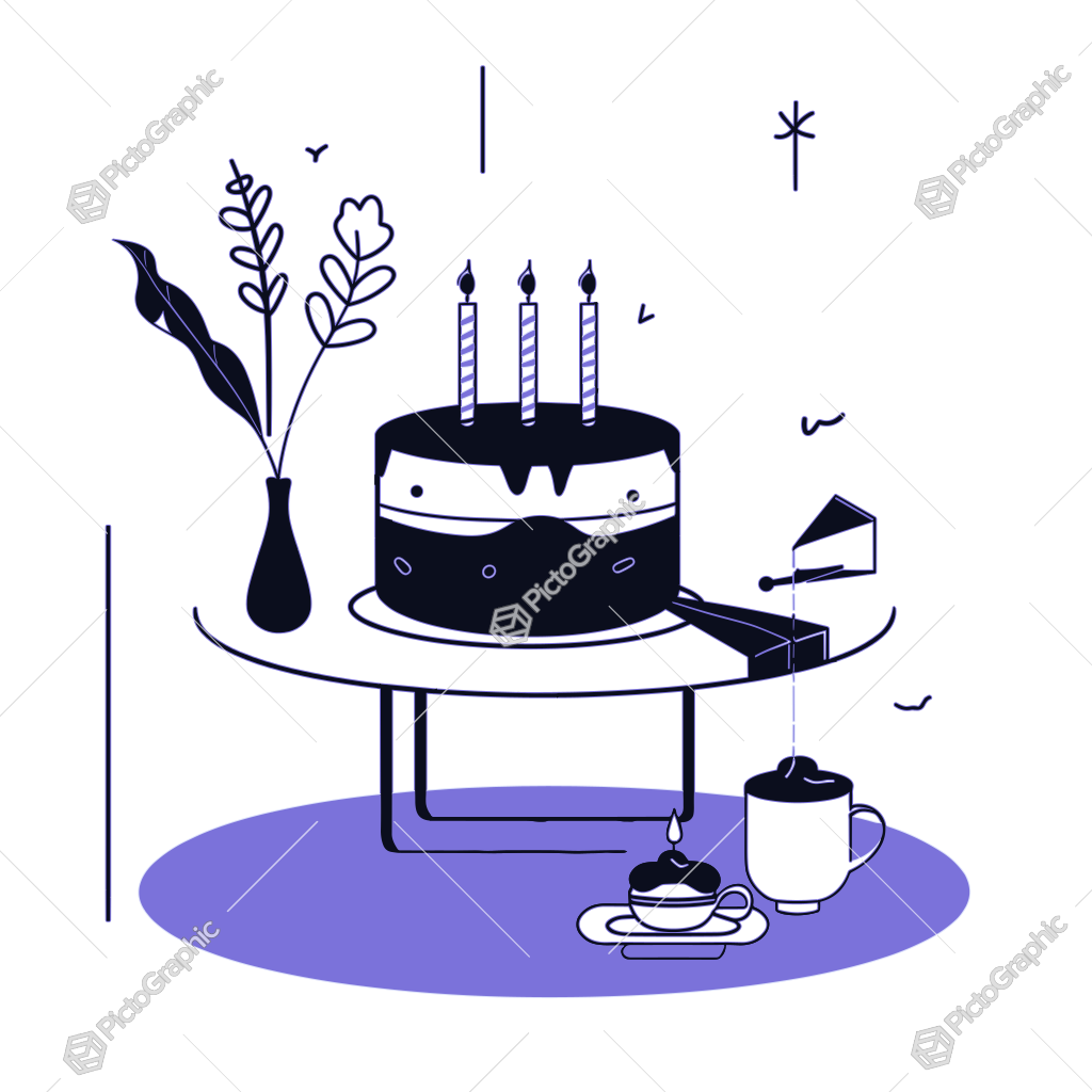 An illustrated birthday cake with candles on a table, accompanied by a slice of cake, a cup of a hot beverage, and flowers in a vase. An illustrated birthday cake with candles on a table, accompanied by a slice of cake, a cup of a hot beverage, and flowers in a vase.