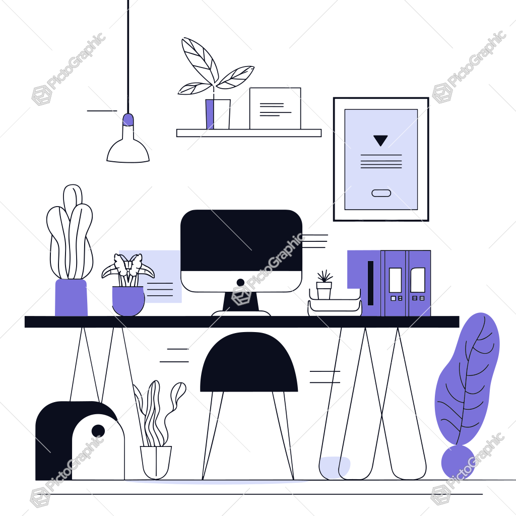 Illustrated home office setup with desk, computer, and plants.