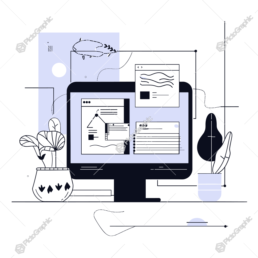 A stylized illustration of a computer monitor and potted plants on a desk. A stylized illustration of a computer monitor and potted plants on a desk.
