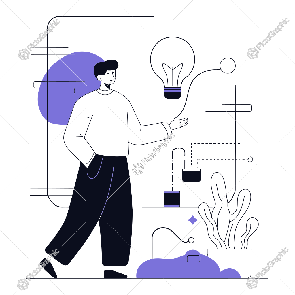 An illustrated figure presenting or gesturing towards a light bulb within a thought bubble, symbolizing an idea, in a stylized professional or creative environment. An illustrated figure presenting or gesturing towards a light bulb within a thought bubble, symbolizing an idea, in a stylized professional or creative environment.