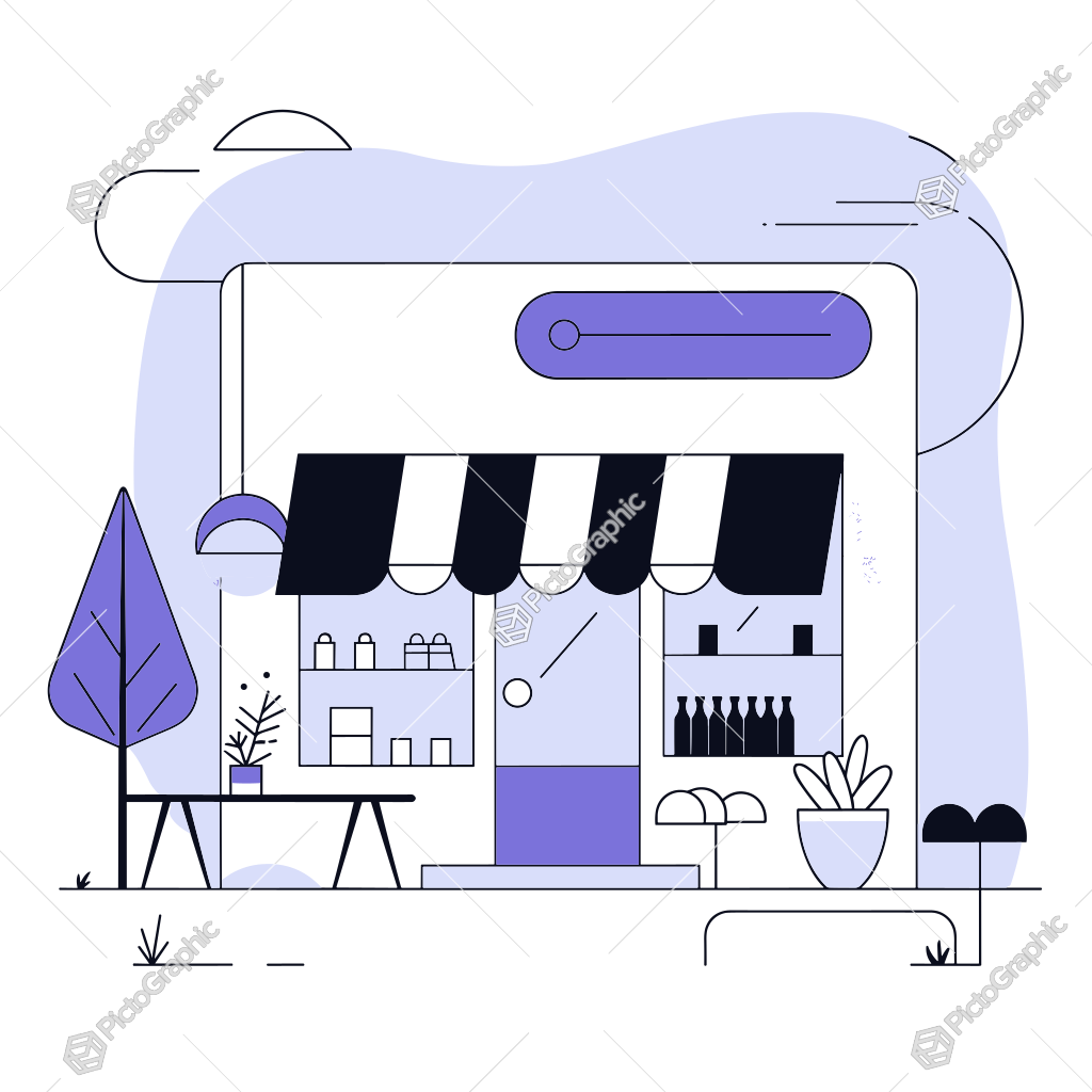 A stylized, monochromatic illustration of an online store or app interface with a storefront, display window, and search bar, in shades of blue A stylized, monochromatic illustration of an online store or app interface with a storefront, display window, and search bar, in shades of blue