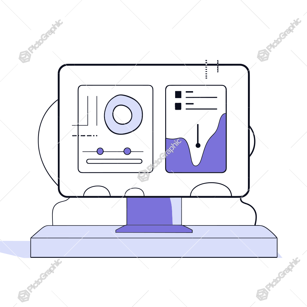 Illustration of a computer monitor displaying data visualizations and graphs