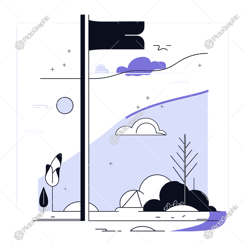 An abstract and stylized illustration of a natural scene with a flag, cloud shapes, and tree-like forms. An abstract and stylized illustration of a natural scene with a flag, cloud shapes, and tree-like forms.