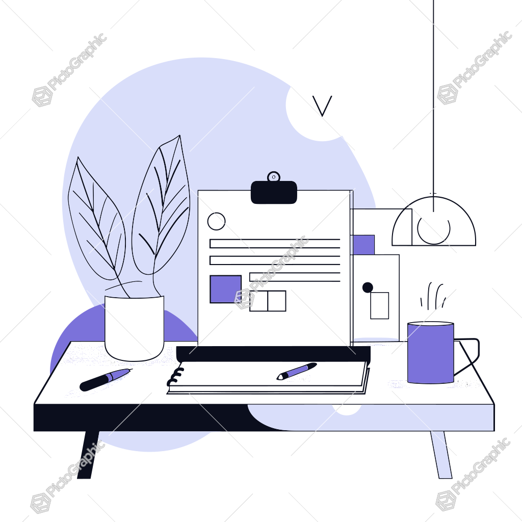 Illustrated modern home office workspace with a desk, laptop, clipboard, notebook, pen, potted plant, and a hanging lamp.