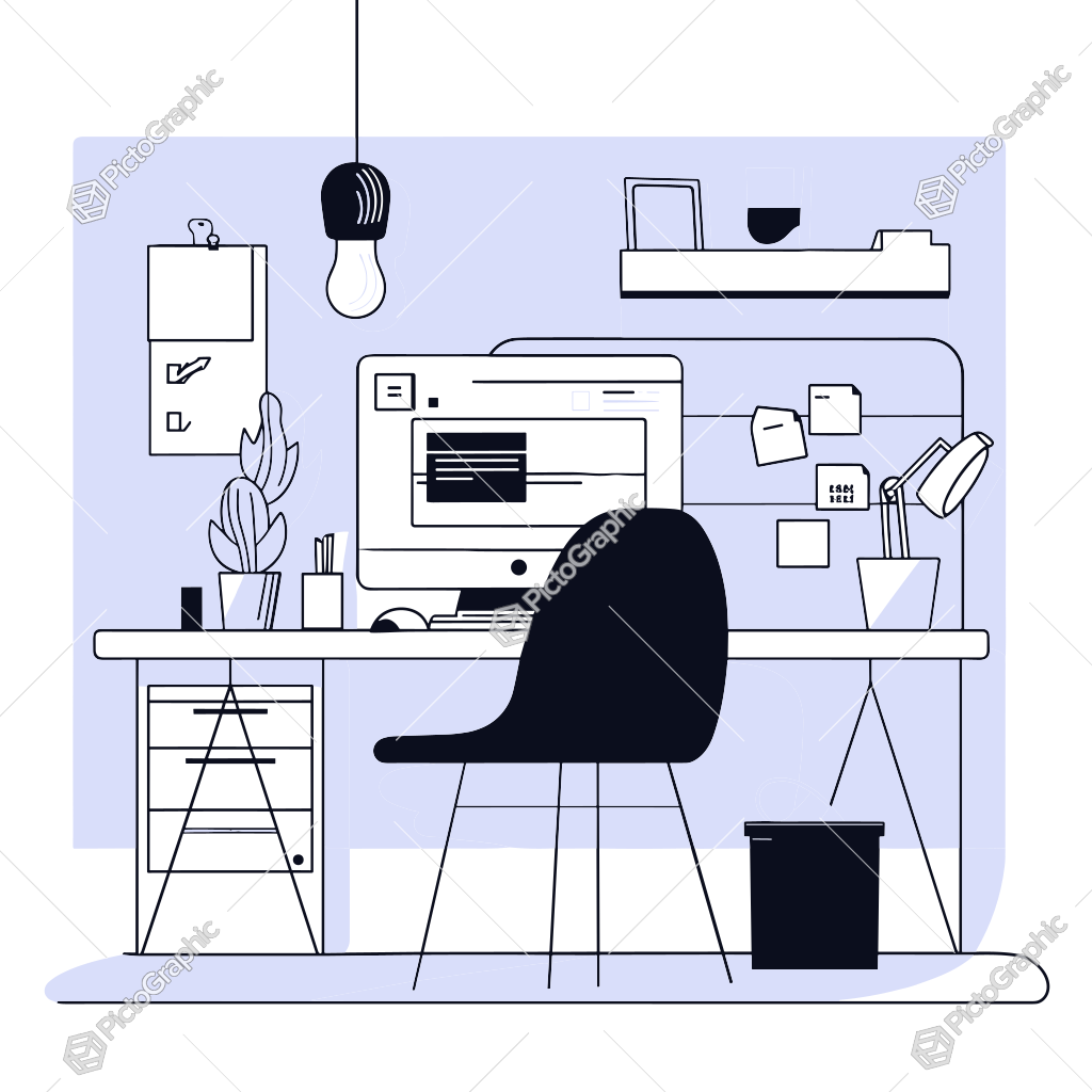 A stylized illustration of a neat and organized office setup with a desk, computer, and other work-related items. A stylized illustration of a neat and organized office setup with a desk, computer, and other work-related items.