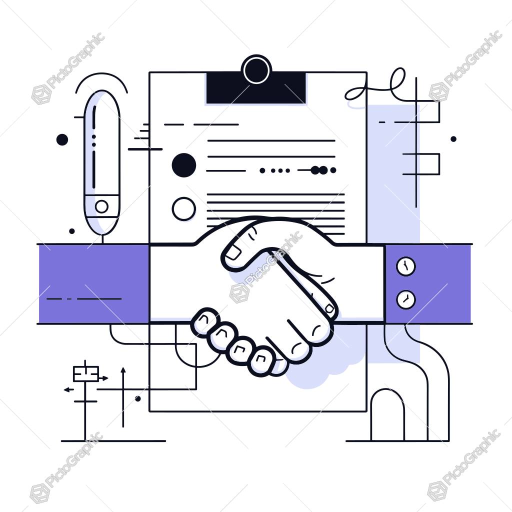 Illustration of a handshake representing an agreement or deal with abstract business elements in the background. Illustration of a handshake representing an agreement or deal with abstract business elements in the background.